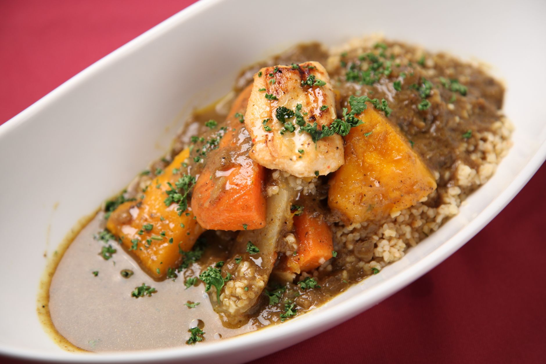 Herbed Cod with Soft Couscous and Carrot Mash